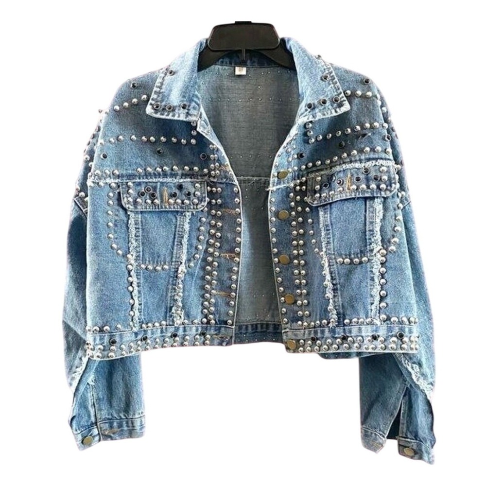 Studded Rhinestone Denim Jacket Western Glam Cropped Jean Jacket Blue